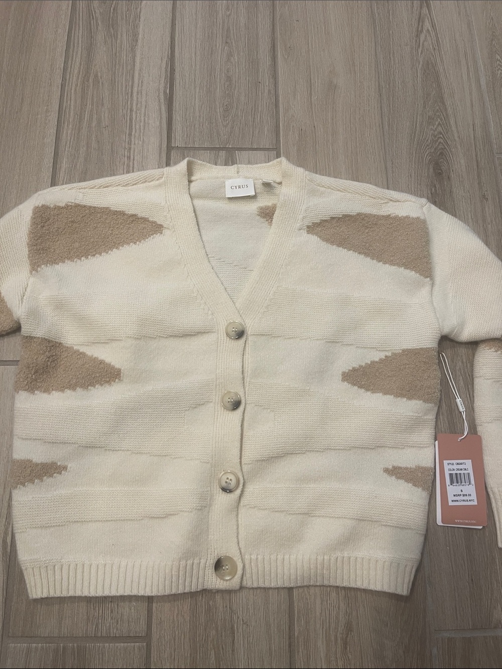 NWT Cyrus NYC Button Down Oversized Chunky Cardigan Cream/Tan Sz S